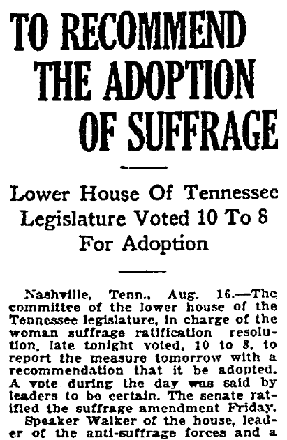 An article about women's suffrage and ratification of the 19th Amendment, Grand Forks Daily Herald newspaper article 17 August 1920