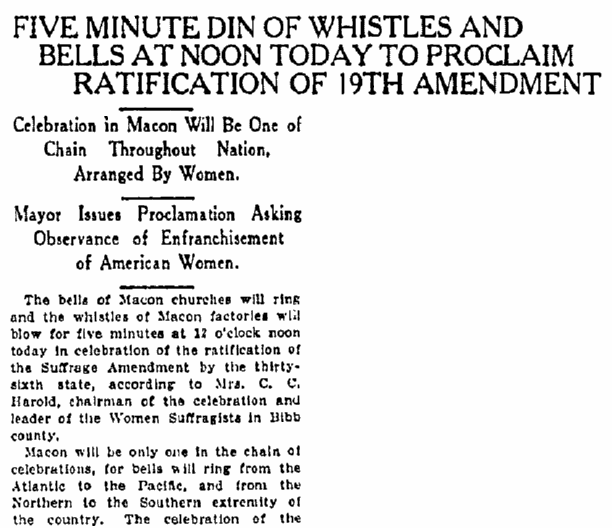 An article about women's suffrage and ratification of the 19th Amendment, Macon Telegraph newspaper article 21 August 1920