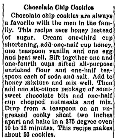 An article with recipes for chocolate chip cookies, Milwaukee Journal-Sentinel newspaper article 24 November 1944