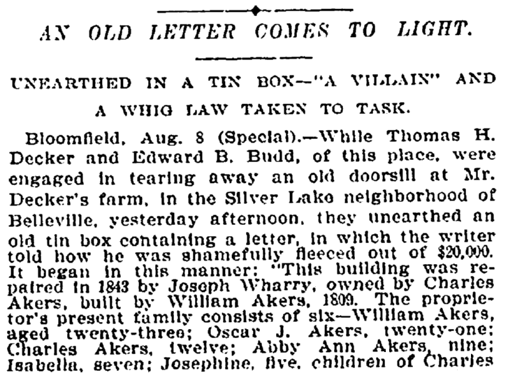 An article about the discovery of an old, forgotten letter, New York Tribune newspaper article 9 August 1898