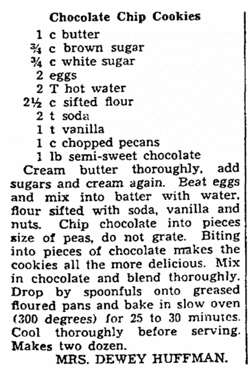 An article with recipes for chocolate chip cookies, Plain Dealer newspaper article 7 February 1938