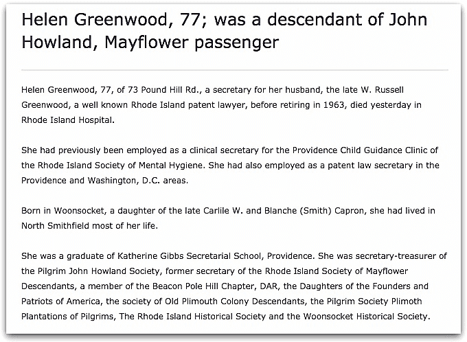 An obituary for Helen Greenwood, Providence Journal newspaper article 19 June 1986