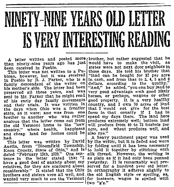 An article about the discovery of an old, forgotten letter, Pueblo Chieftain newspaper article 31 July 1919