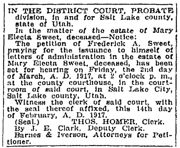 An article about the probate of the estate of Mary Sweet, Salt Lake Telegram newspaper article 21 February 1917