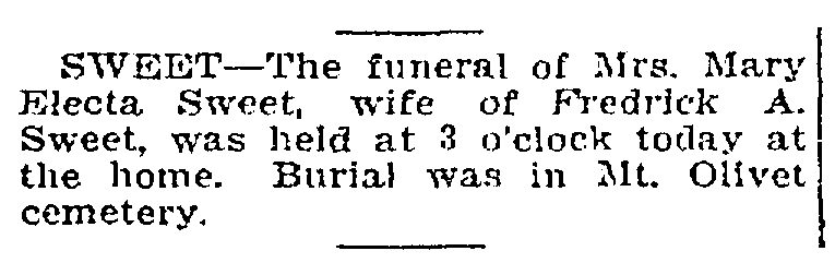An obituary for Mary Sweet, Salt Lake Telegram newspaper article 22 May 1916