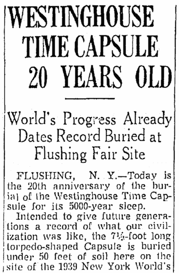 An article about time capsules, Springfield Union newspaper article 23 September 1958