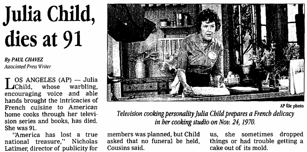 An obituary for Julia Child, St. Albans Daily Messenger newspaper article 14 August 2004