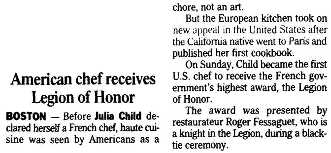 An article about Julia Child, State newspaper article 21 November 2000