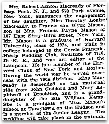 An engagement notice for Dorothy Louise Macready and Francis Van Wyck Mason, Boston Herald newspaper article 2 April 1927