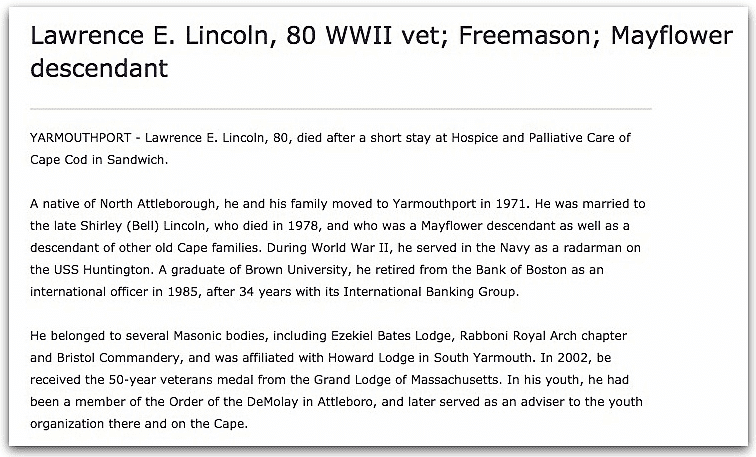 An obituary for Lawrence Lincoln, Cape Cod Times newspaper article 25 October 2007