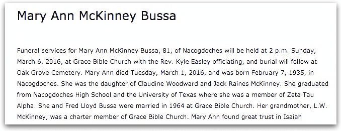 An obituary for Mary Ann McKinney Bussa, Daily Sentinel newspaper article 3 March 2016