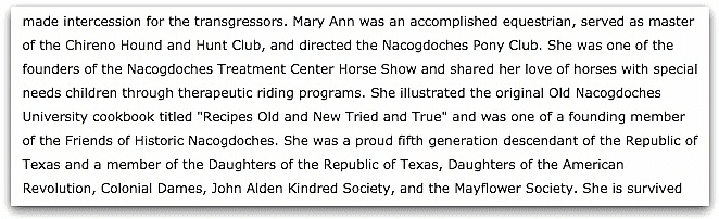 An obituary for Mary Ann McKinney Bussa, Daily Sentinel newspaper article 3 March 2016