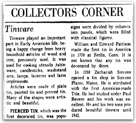 An article about Zachariah Stevens and tinware, Dallas Morning News newspaper article 14 December 1959