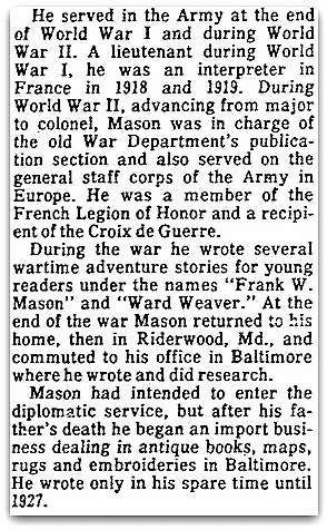 An obituary for Francis Van Wyck Mason, Evening Star newspaper article 30 August 1978