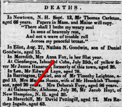 An obituary for Anna Creighton Fox, New-Hampshire Gazette newspaper article 19 September 1843