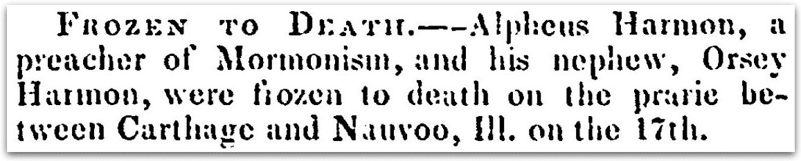 An obituary for Alpheus and Orsey Harmon, New Hampshire Sentinel newspaper article 28 December 1842