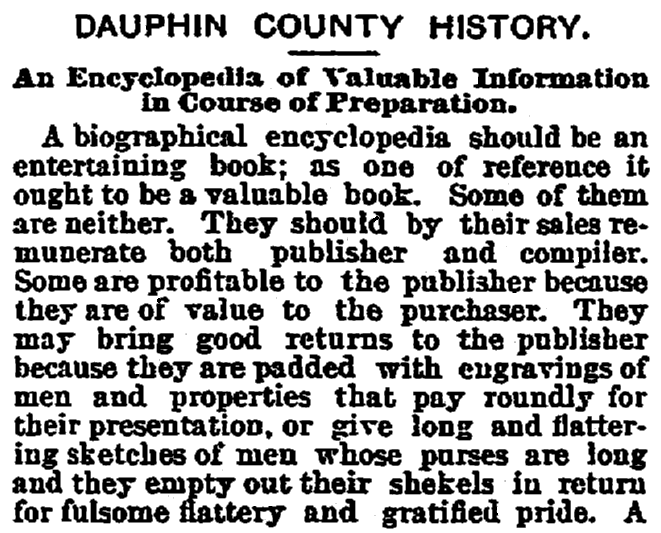 An article about the Dauphin County History book, Patriot newspaper article 2 March 1893