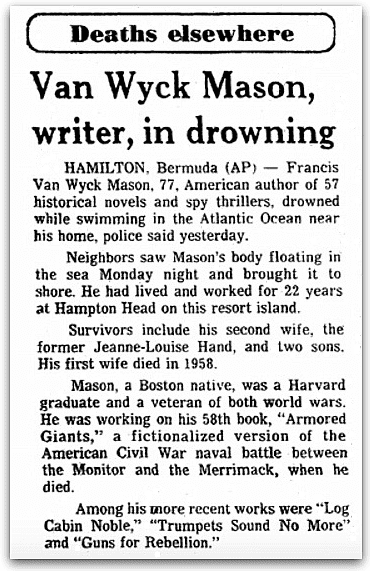 An obituary for Francis Van Wyck Mason, Plain Dealer newspaper article 30 August 1978