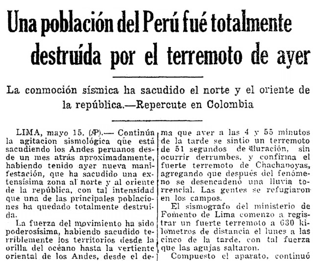 An article about an earthquake in Peru, Prensa newspaper article 16 May 1928