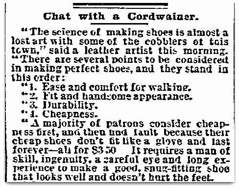 An article about cordwainers, San Francisco Bulletin newspaper article 28 July 1888