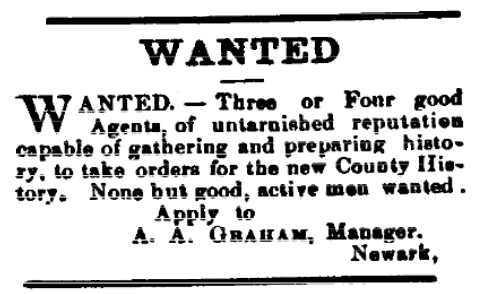 A help wanted ad for salesmen to sell county history books, Somerset Press newspaper article 3 November 1881