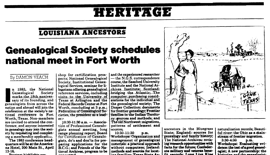 An article about a genealogy society, State Times Advocate newspaper article 2 January 1983