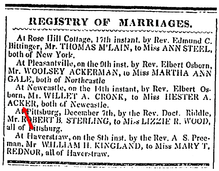 A wedding notice for Willet Cronk and Hester Acker, Westchester Herald newspaper article 23 January 1849