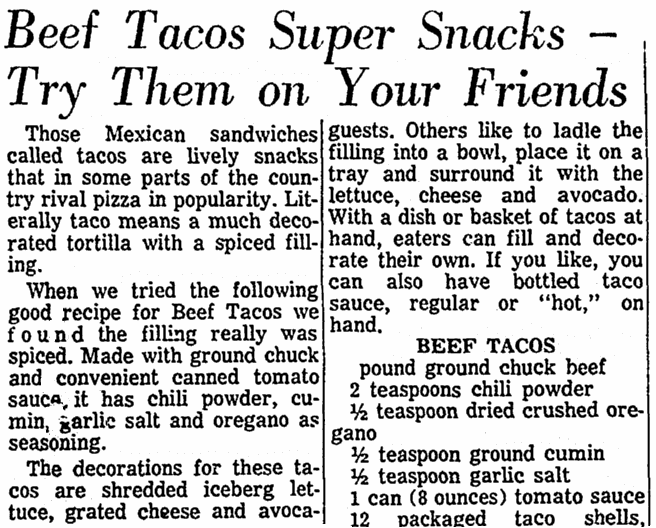 An article about tacos, Advocate newspaper article 23 May 1971