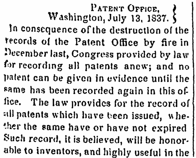 An article about the 1836 fire that destroyed many records from the U.S. Patent Office, Alexandria Gazette newspaper article 17 July 1837