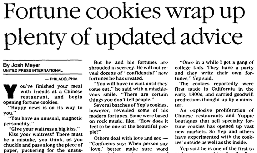 An article about fortune cookies, Arkansas Gazette newspaper article 15 July 1987