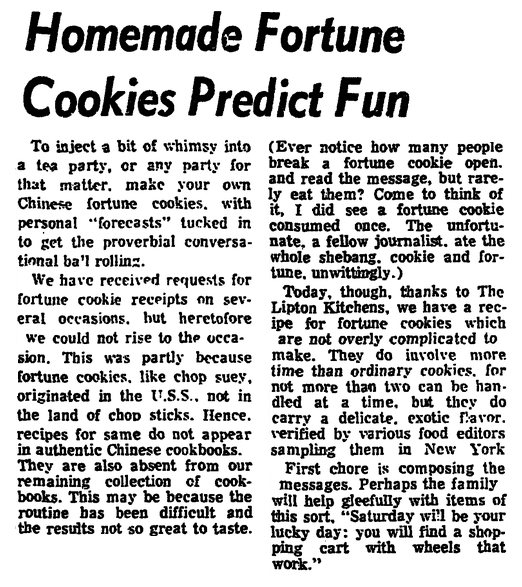 An article about fortune cookies, Arkansas Gazette newspaper article 5 December 1968