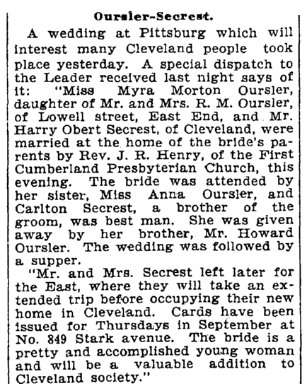 A wedding announcement for Myra Oursler and Harry Secrest, Cleveland Leader newspaper article 2 June 1901