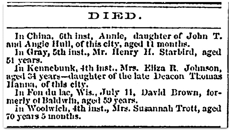 An obituary for Henry Starbird, Daily Eastern Argus newspaper article 9 August 1867