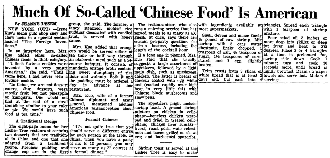 An article about American "Chinese food," including fortune cookies, Lexington Leader newspaper article 18 April 1966