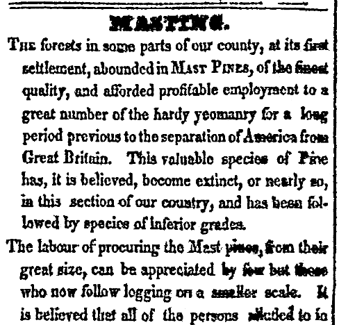 An article about American colonists supplying timber to be used for masts for Great Britain's navy, New-Hampshire Republican newspaper article 5 December 1826