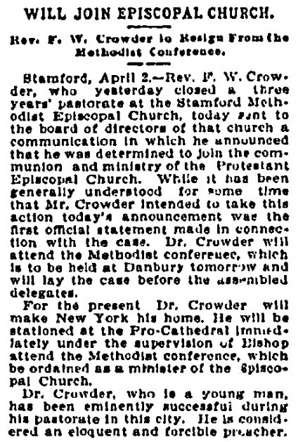 An article about Frank Crowder, New Haven Register newspaper article 2 April 1900