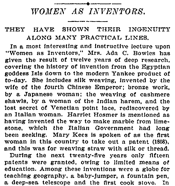 An article about women inventors, New York Tribune newspaper article 19 June 1899