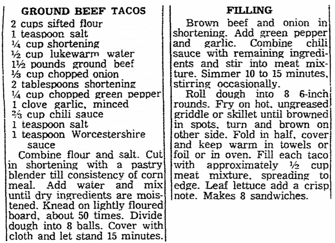 A taco recipe, Oregonian newspaper article 4 November 1960