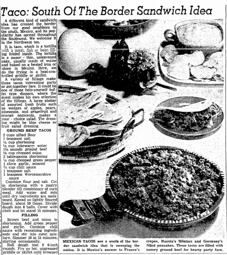 An article about tacos, Oregonian newspaper article 4 November 1960