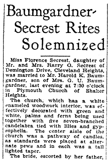 A wedding announcement for Florence Secrest and Harold Baumgardner, Plain Dealer newspaper article 18 June 1930