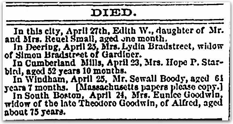 An obituary for Hope Starbird, Portland Daily Press newspaper article 28 April 1873