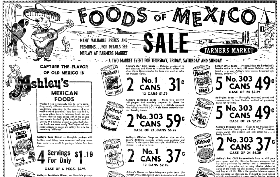 An ad for Mexican food, Sacramento Bee newspaper advertisement 19 May 1955