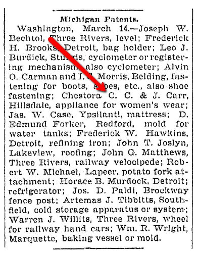 An article about Michigan patents, Saginaw News newspaper article 14 March 1900