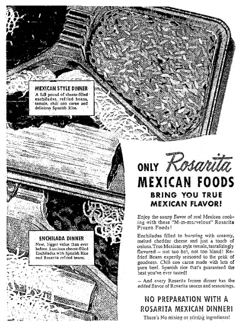 An ad for frozen Mexican food, Seattle Daily Times newspaper advertisement 16 September 1956