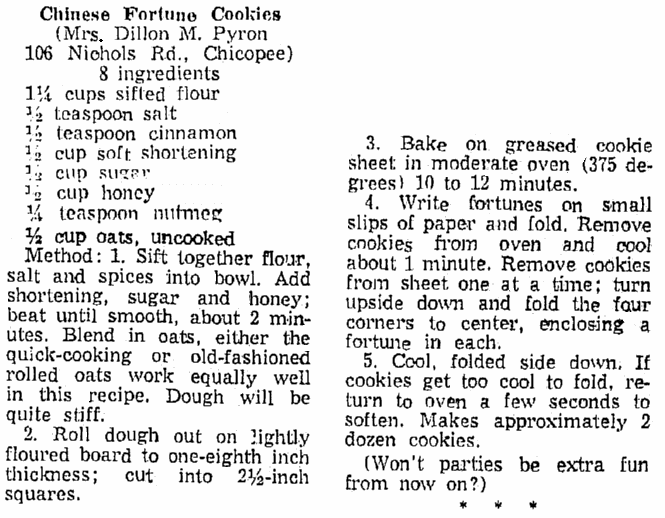 A recipe for fortune cookies, Springfield Union newspaper article 5 February 1959