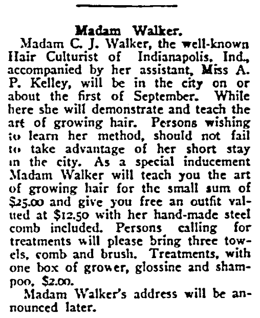 An article about Madam C. J. Walker, Washington Bee newspaper article 9 August 1913