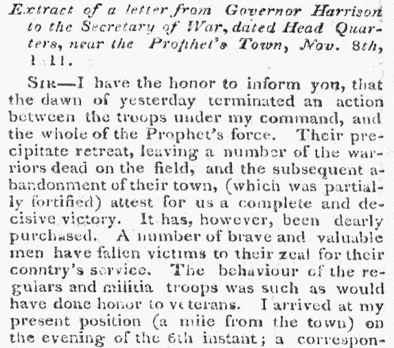An article about the Battle of Tippecanoe, Alexandria Gazette newspaper article 2 December 1811