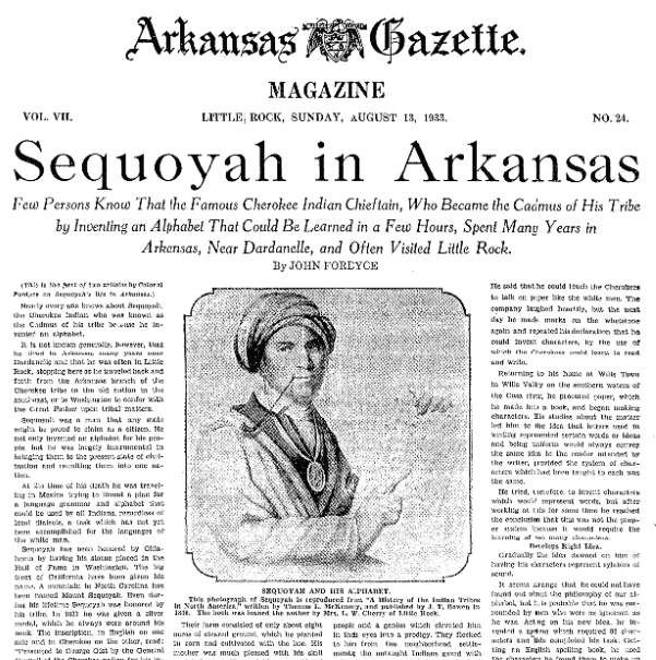 An article about the Cherokee Indian Sequoyah, Arkansas Gazette newspaper article 13 August 1933