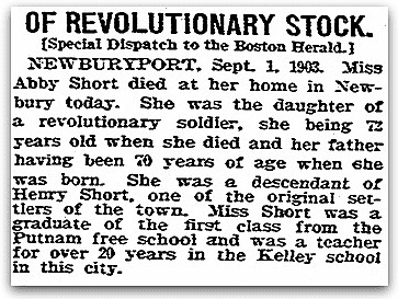 An obituary for Abigail Short, Boston Herald newspaper article 2 September 1903