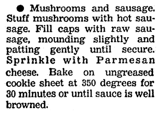A recipe for Mushrooms and Sausage appetizer, Boston Herald newspaper article 25 November 1991